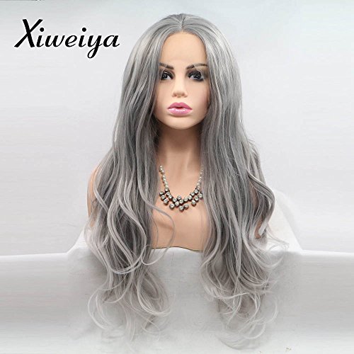 Xiweiya Mix renk Pastel Gri peruk Mermaid Sentetik şeker Gri Dantel ön peruk Beyaz Alt Uzun dalgalı Orta kısmı Uzun Yumuşak
