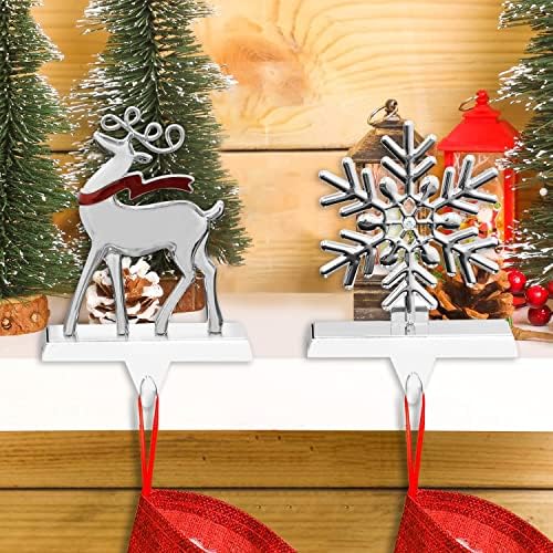 EIMOON Şömine Manto için 2 ADET Noel Stocking Tutucular Set, Gümüş Ren Geyiği Kar Tanesi Noel Stocking Askı