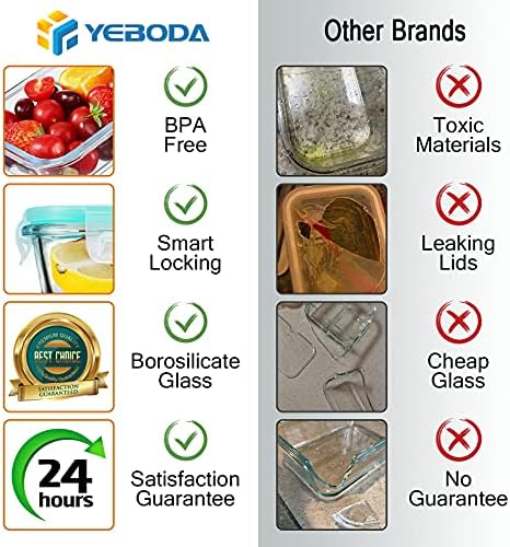 Hava Geçirmez Geçmeli Kilitli Kapaklı YEBODA Cam Gıda Saklama Kapları Ev Mutfağı için BPA İçermeyen Yemek Hazırlama Kabı Seti
