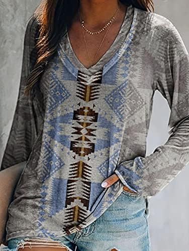 Kadın Aztek Patchwork V boyun T-Shirt rahat uzun kollu renk bloğu tişörtü tunik Tops