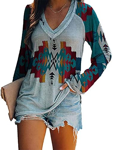 Kadın Aztek Patchwork V boyun T-Shirt rahat uzun kollu renk bloğu tişörtü tunik Tops