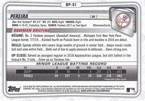 2020 Bowman Umutları Kağıt Beyzbol BP-51 Everson Pereira New York Yankees Resmi 1. İlk Bowman MLB Ticaret Kartı Topps Şirketinden
