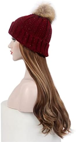 SPNEC LQGSYT Moda Avrupa ve Amerikan Bayanlar Saç Şapka Bir Kırmızı Örme Şapka Peruk Uzun Kıvırcık Kahverengi Peruk ve Şapka