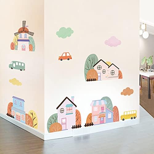 Karikatür Küçük Kasaba Evi Duvar Sticker Çocuk Yatak Odası Erkek Kız Odası Dekor Estetik Kendinden Yapışkanlı Duvar Kağıdı