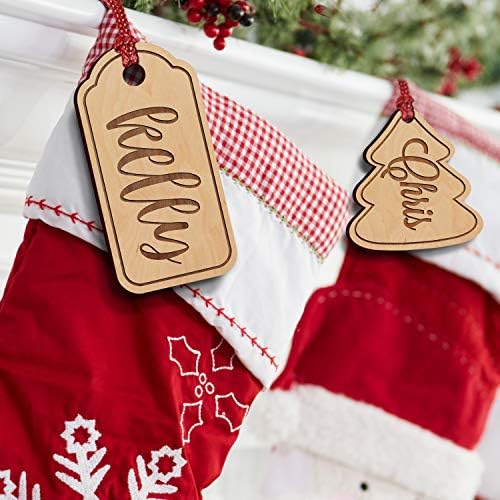 Bordo 5'li Set - 6 Yazı Tipi Seçeneği ile Kazınmış Noel Çorabı İsim Etiketleri-Ahşap İsim Etiketleri, Kişiselleştirilmiş Hediye