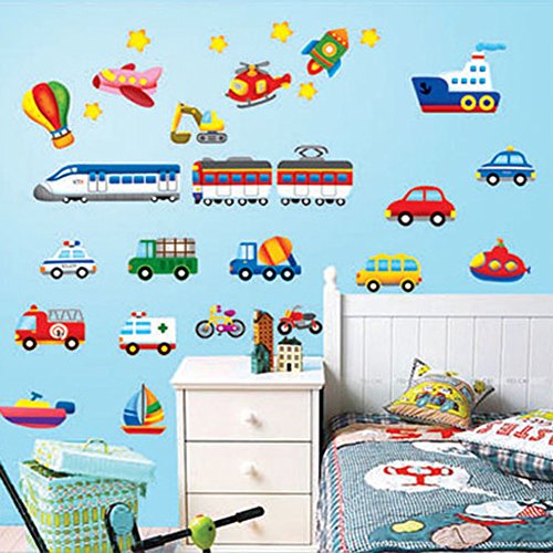 Wallpark Karikatür Ulaşım-Araba Tren Uçak Tekne-Çıkarılabilir Duvar Sticker Çıkartması, Çocuk Çocuk Bebek Ev Odası Kreş DIY