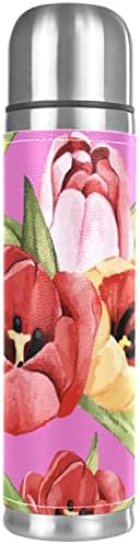 Kırmızı Lale Çiçekler Desen Paslanmaz Çelik Termo 500 ml/17 oz Vakum Yalıtımlı Şişe Fincan Sıcak ve Soğuk Içecek Su Şişesi