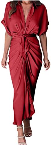 Kadınlar seksi V boyun kısa kollu çatal açık baskılı elbiseler moda katı düğme yaz elbise Midi Wrap elbise