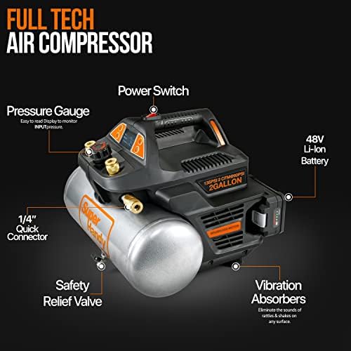 SuperHandy hava kompresörü Akülü 2 Gal 135 PSI 10Amp 3 / 4eHP Taşınabilir Lastik Şişirme Ultra Sessiz Yağsız 48 V DC lityum